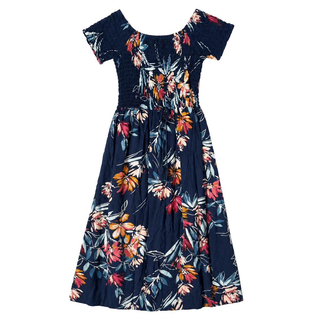 Band of Gypsies Navy Blue Floral Smocked Maxi Dress with Slit Small 1