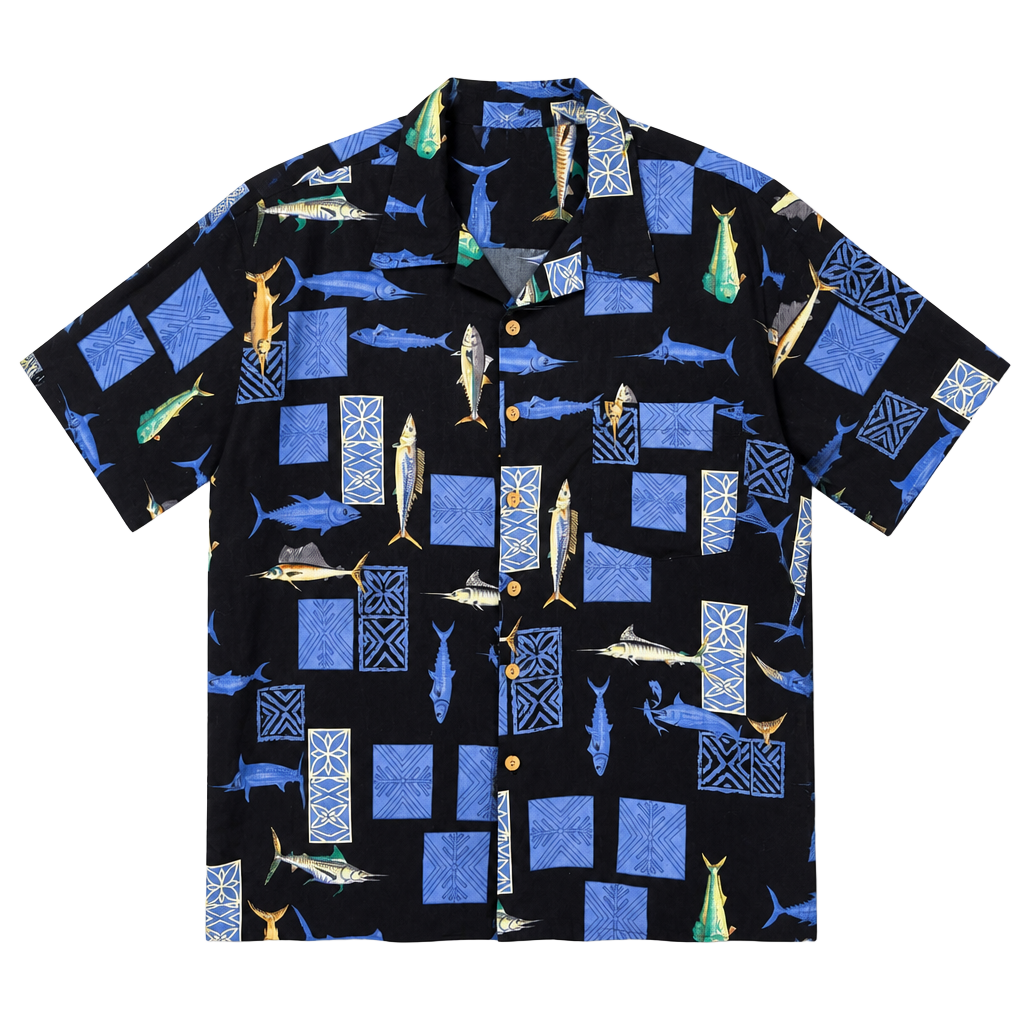 Vintage cotton Hawaiian Shirt XXL Black Fish Print Short Sleeve 1