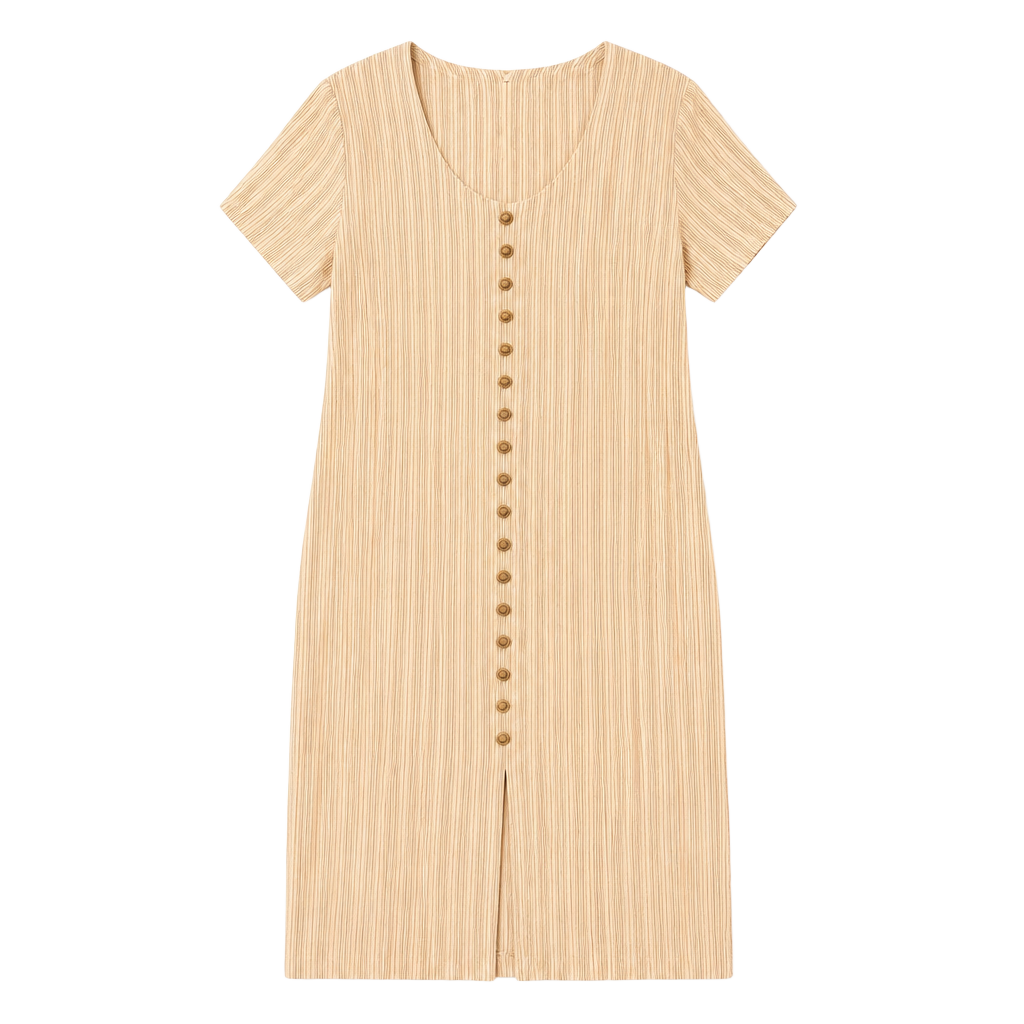Vintage Infatuation Striped Midi Dress Beige Striped Front Buttons 1