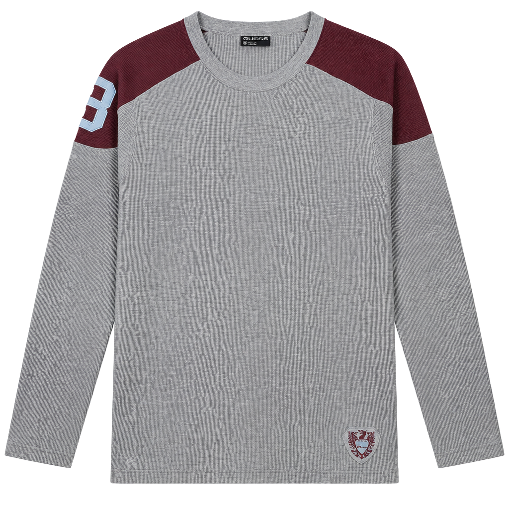 GUESS Long Sleeve Waffle Knit Shirt Grey Burgundy 1