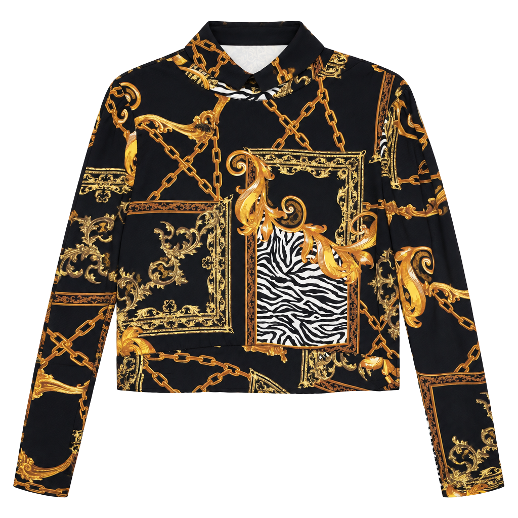 GUESS Chain Print Knot Hem Crop Blouse Black Gold 1