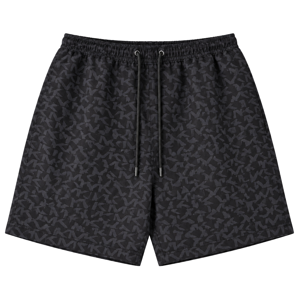 Michael Kors Swim Trunks Black MK Monogram Logo Print Drawstring 1