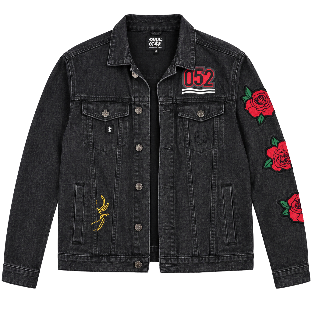 Rebel Star Denim Jacket Size L Black Rose Patches 1