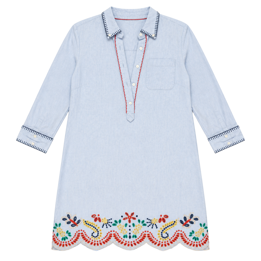 Tommy Hilfiger Scallop Embroidered Long Sleeve Shirt Dress Tunic Blue Size S 1