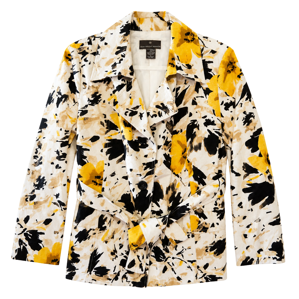 Fenn Wright Manson Silk Floral Print Button Front Belted Jacket Size L 1