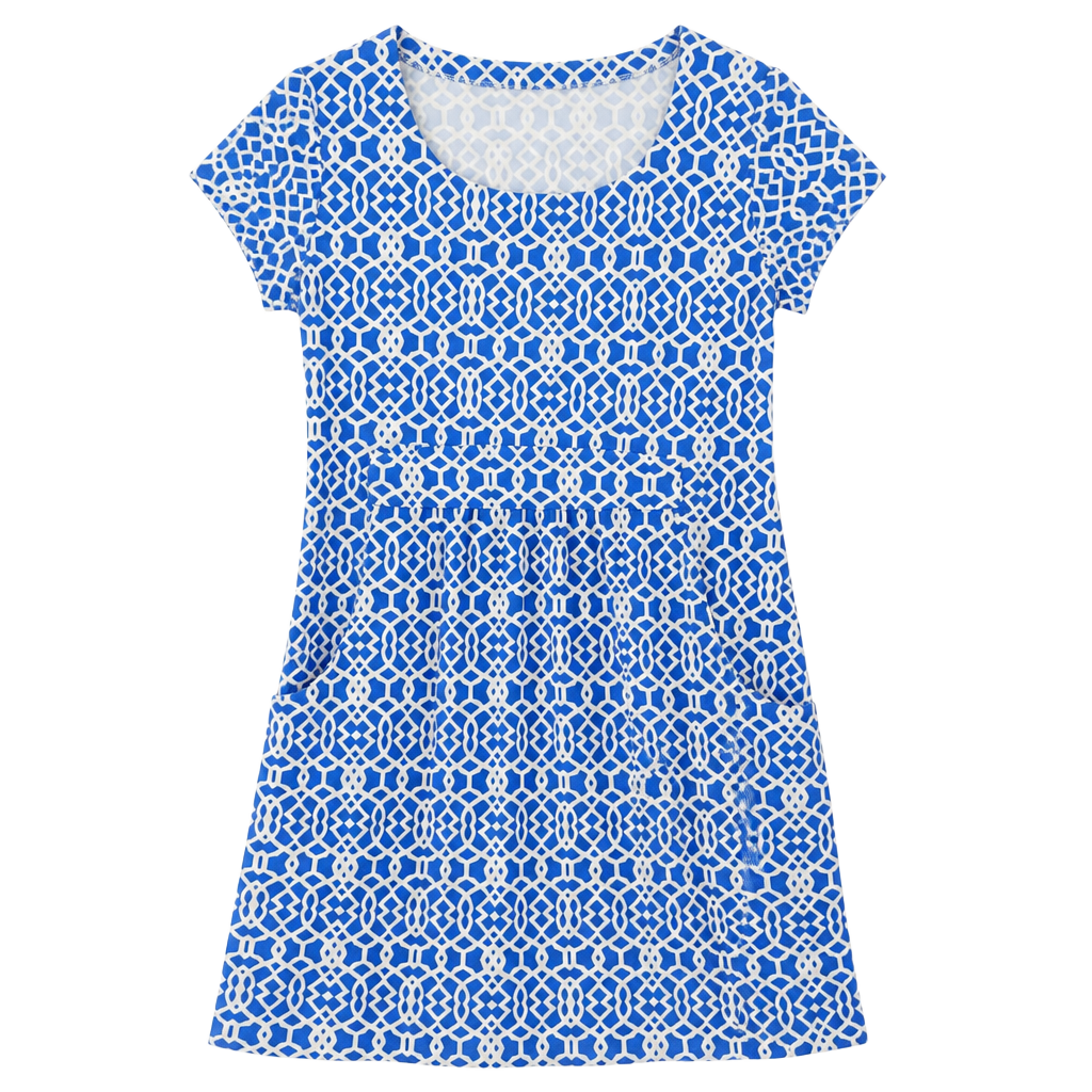 Jude Connally Blue and White Geometric Print Short Sleeve Dress with Pockets XL 1