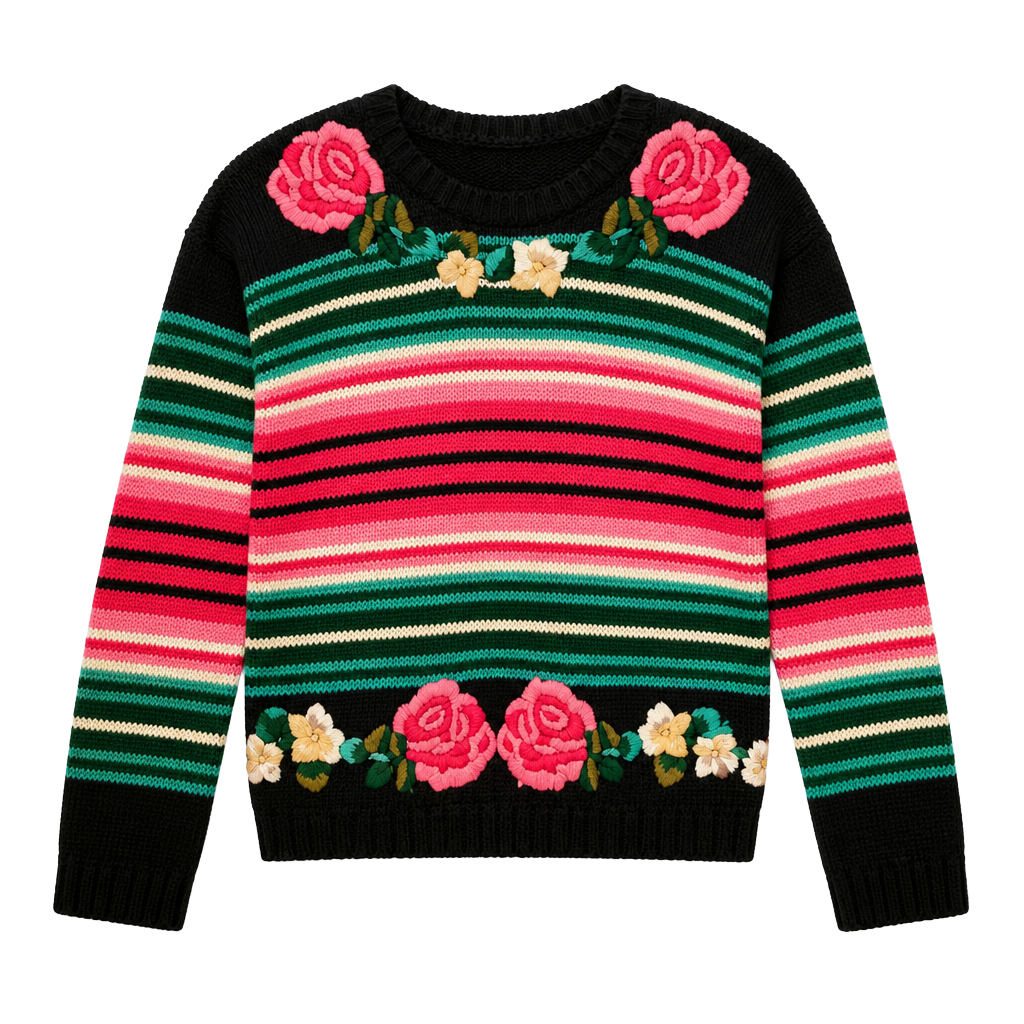 Carole Little for Saint-Tropez West Vintage Striped Floral Embroidered Sweater Size S 1