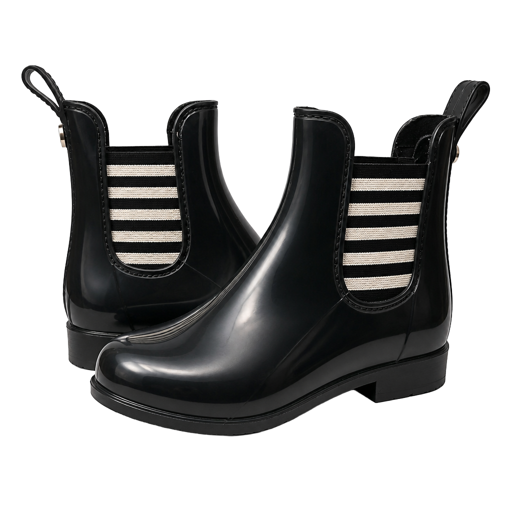 London Fog Women's Typhoon Double-Gore Ankle Rain Boot Size 6 Black Striped 1