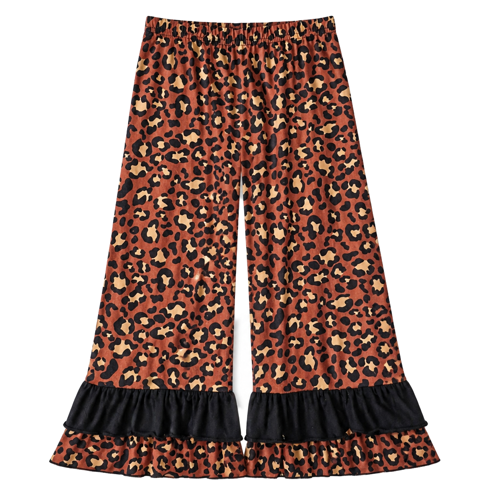 Toddler Girls Leopard Print Bell Bottom Pants with Black Ruffle Hem Size 3T 1