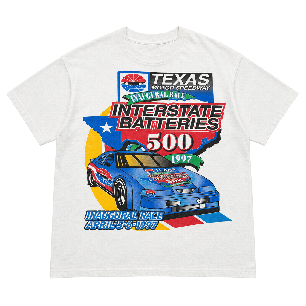 Vintage 1997 single stitch Texas Motor Speedway Interstate Batteries T-Shirt White 1