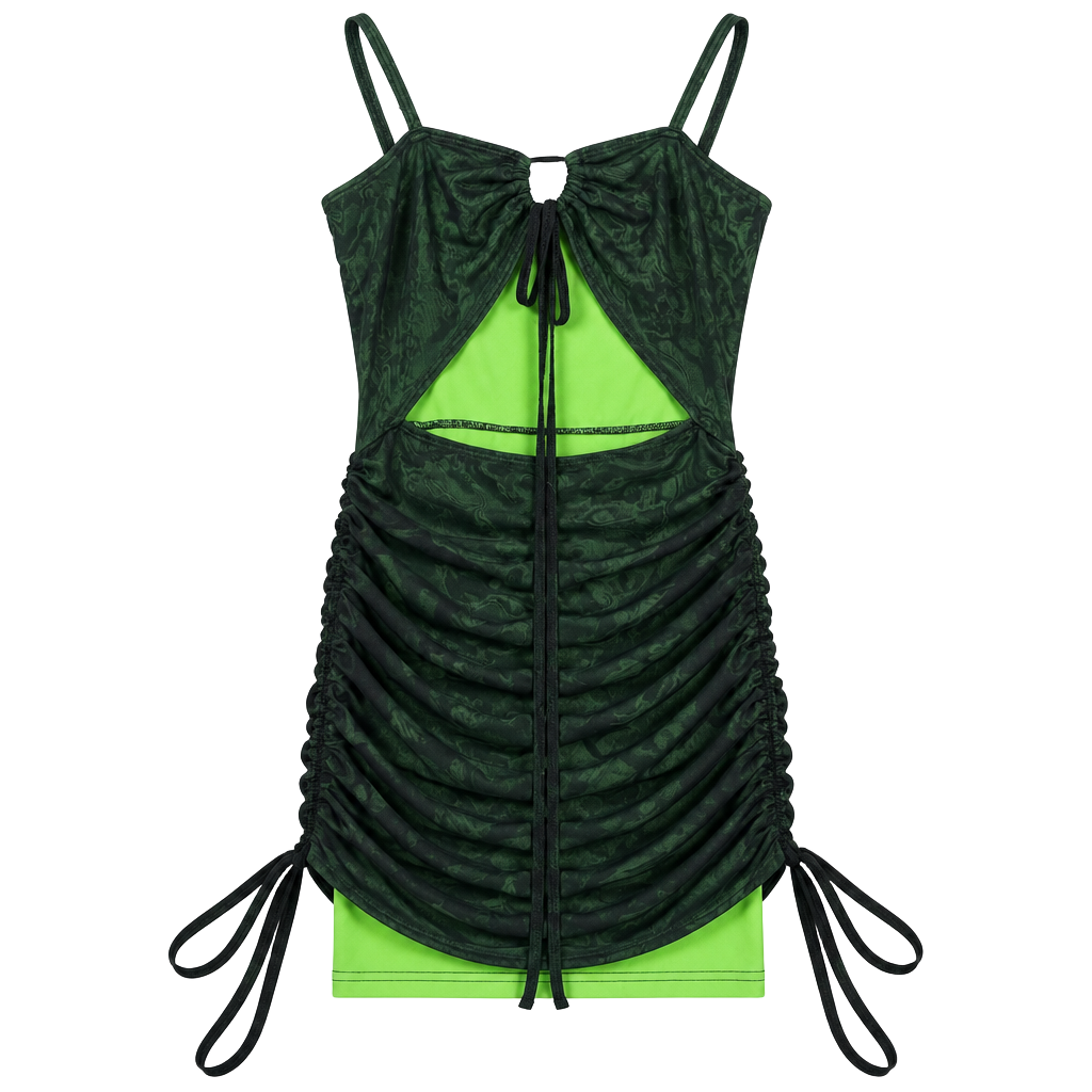 Dolls Kill Green Mesh Ruched Cut Out Mini Dress 1
