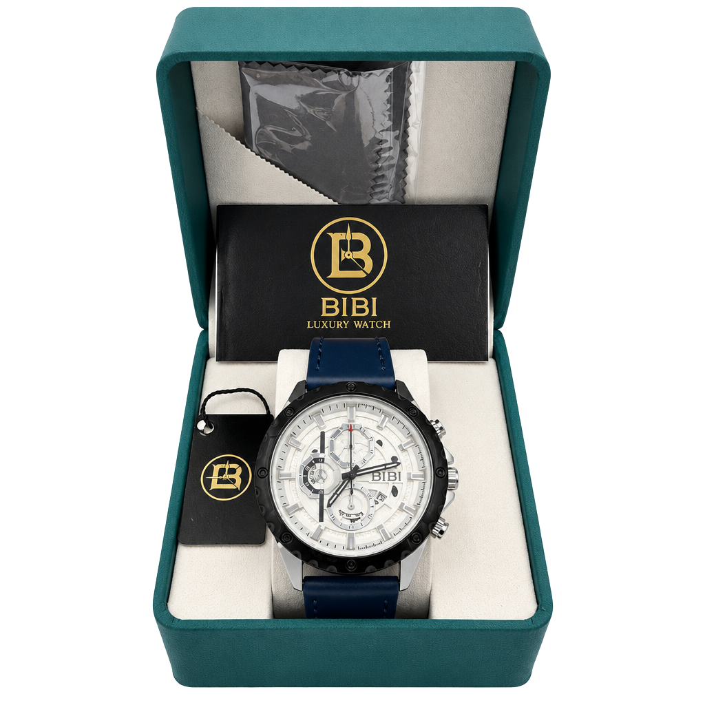 🔥 BIBI Men’s Watch B0184 Blue Strap Silver Case Black Bezel Date 40 mm NIB 🔥 1