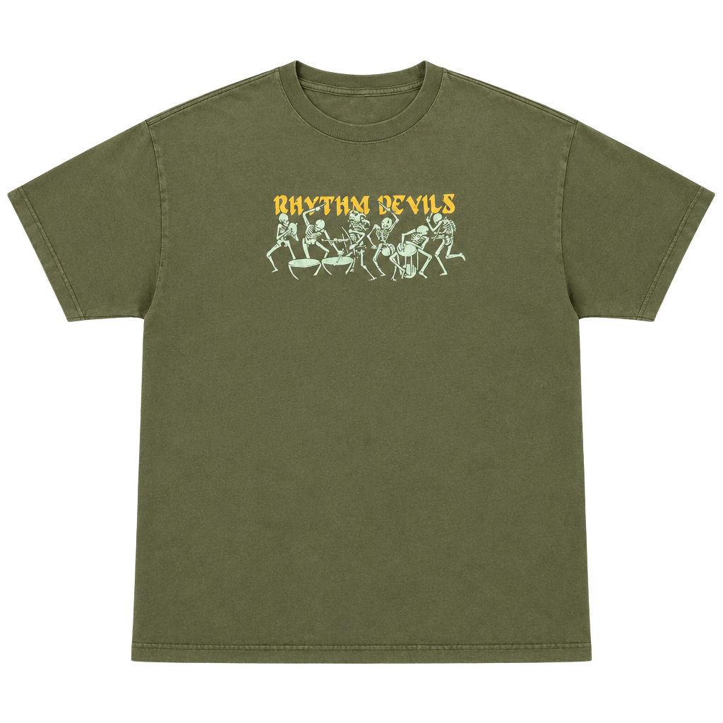 Alstyle Rhythm Devils T-Shirt Size XL Olive Green Skeleton Graphic 1
