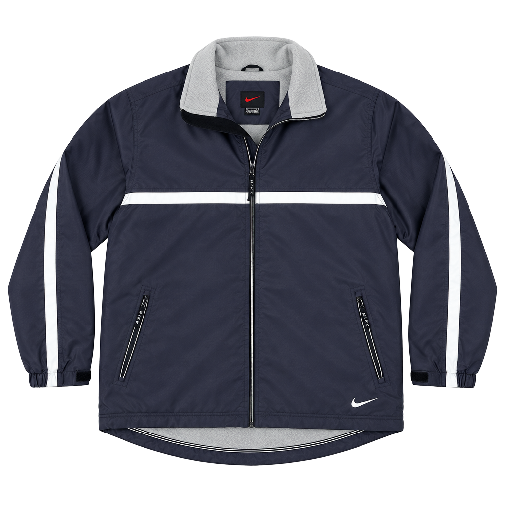 Nike Vintage Full Zip Nylon Jacket Size L Navy Blue Fleece Lined 1