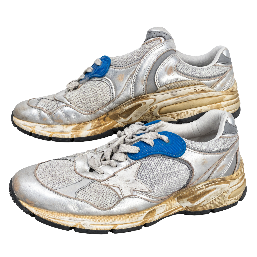Golden Goose Dad-Star Sneakers Silver Metallic Leather SZ mens 6-6.5 women 8-8.5 1