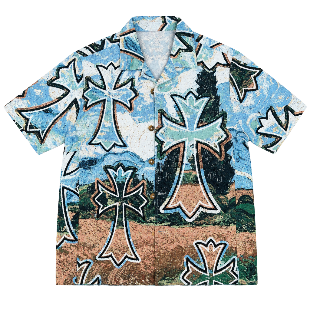 Rebel Vengeance Tapestry Button Up Shirt Size Large Cross Blue Multicolor 1