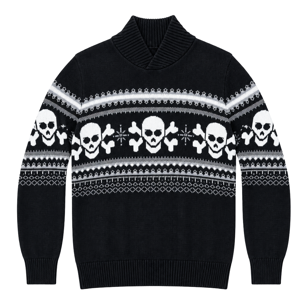 Cherokee Skull Sweater Size L 12/14 Black White Fair Isle Turtleneck 1
