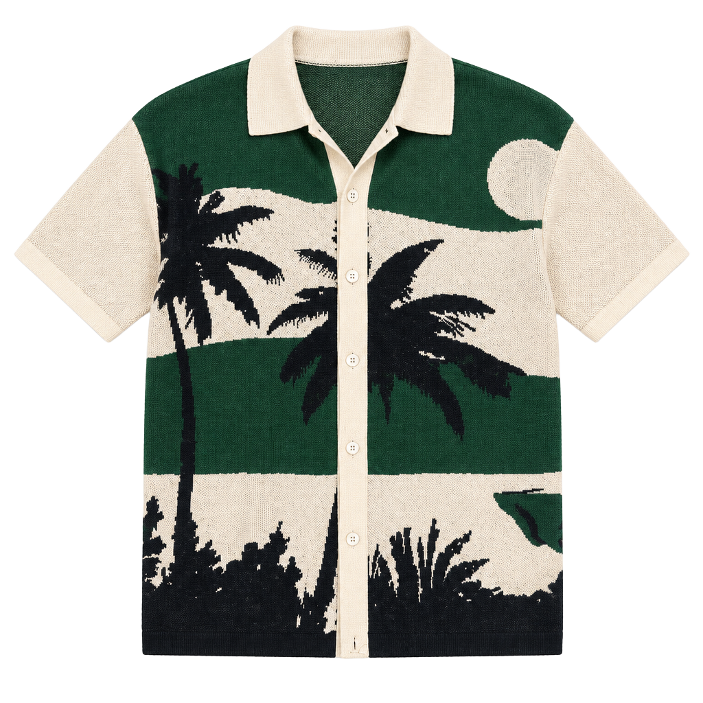 NWT Knit Palm Tree Print Short Sleeve Polo Shirt Green Cream 1