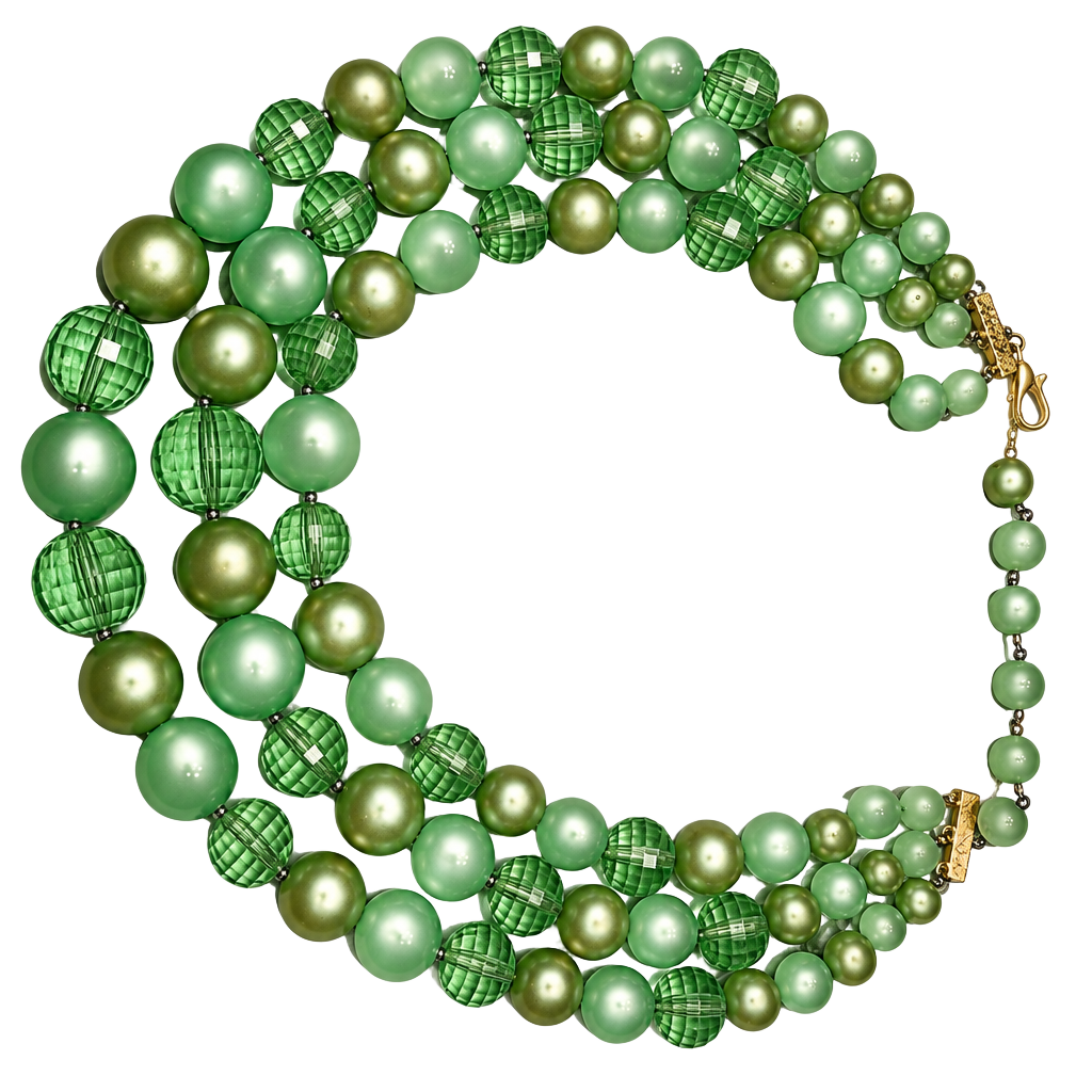 Coro Vintage Triple Strand Green Art Glass Bead Necklace 1