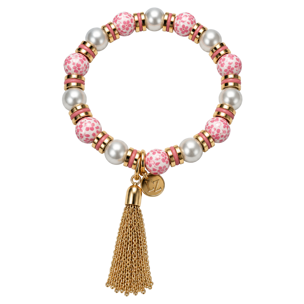 Vintage Liz Claiborne Pink Floral Bead And Tassel Stretch Bracelet 1