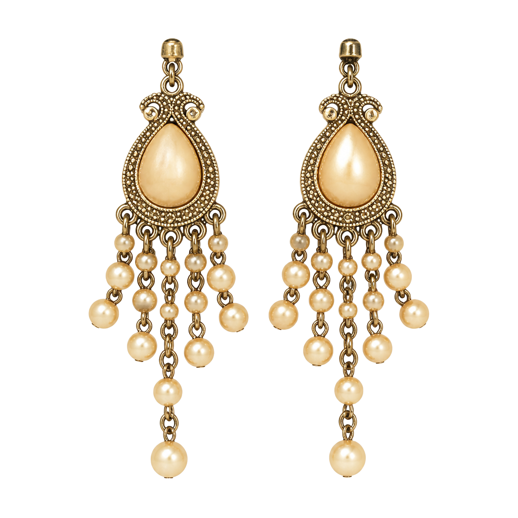 Vintage Gold Tone Faux Pearl Tassel Dangle Earrings 1