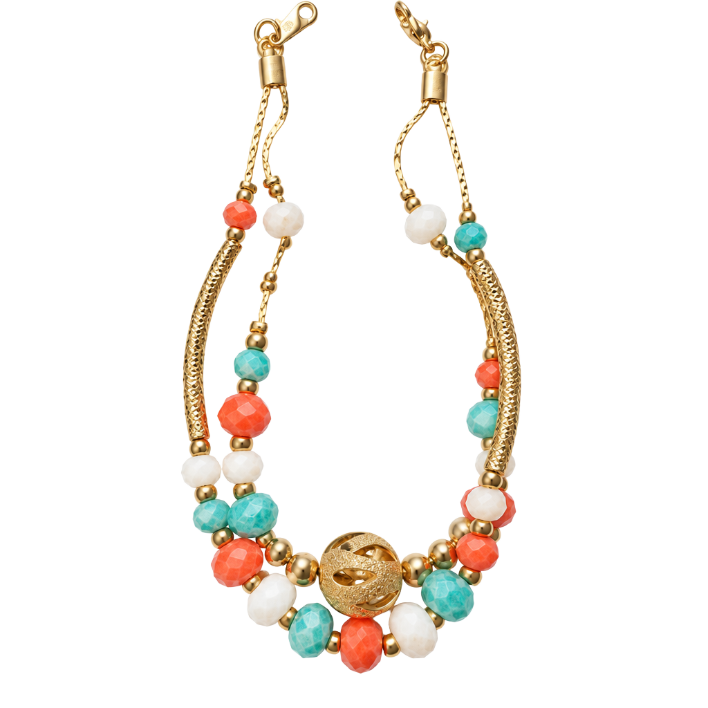 Beaded Multi-Strand Bracelet Gold Tone Turquoise Coral Faceted Beads 1