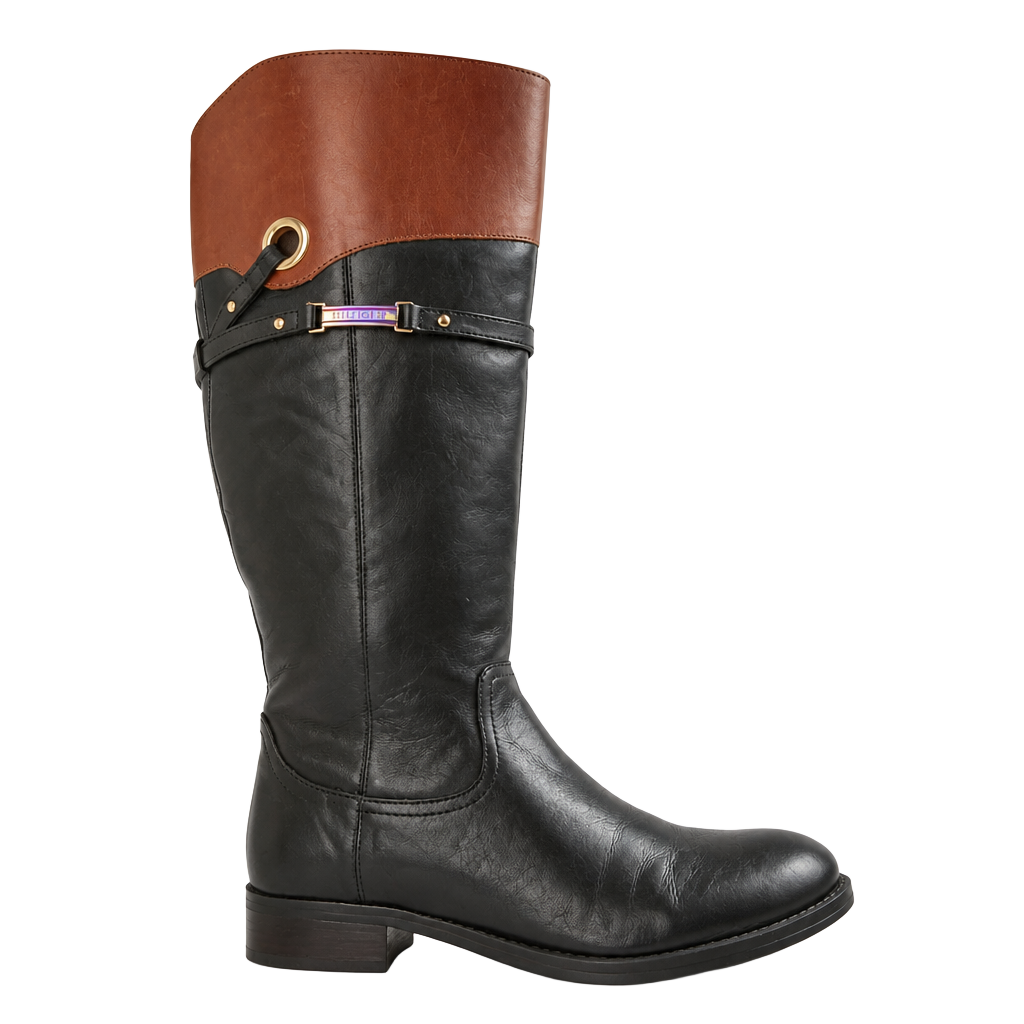 Tommy Hilfiger Women's Delphy Leather Two-Tone Riding Boots Black Tan Size 7M 1