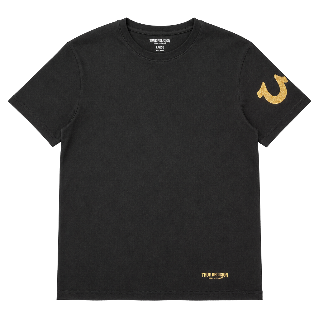 True Religion Black with Gold Foil Logo Soft Cotton T-Shirt Size Large 1