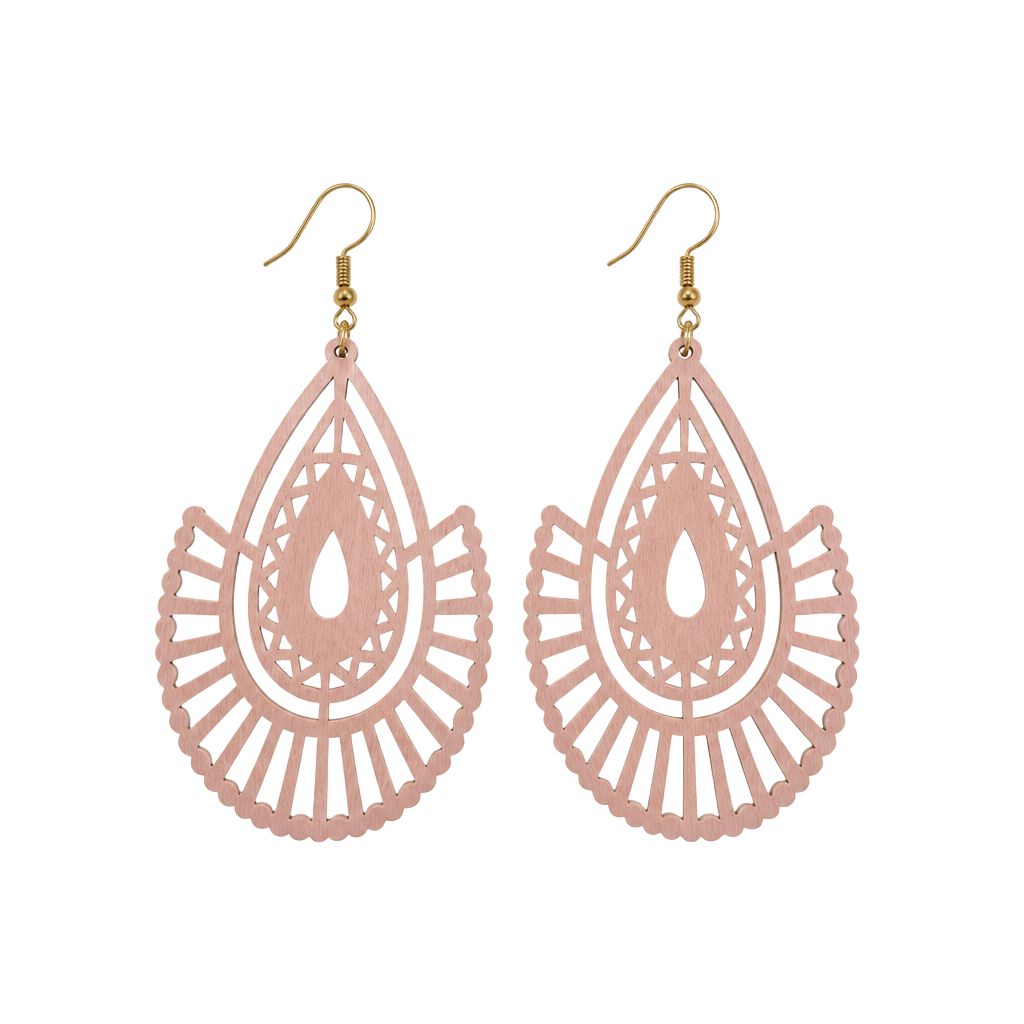 Pink Lavender Wooden Filigree Cutout Teardrop Dangle 1
