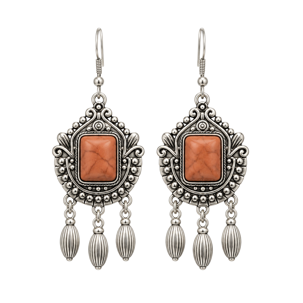 Paparazzi Open Pastures Brown Faux Stone Silver Ornate Dangle Earrings 1