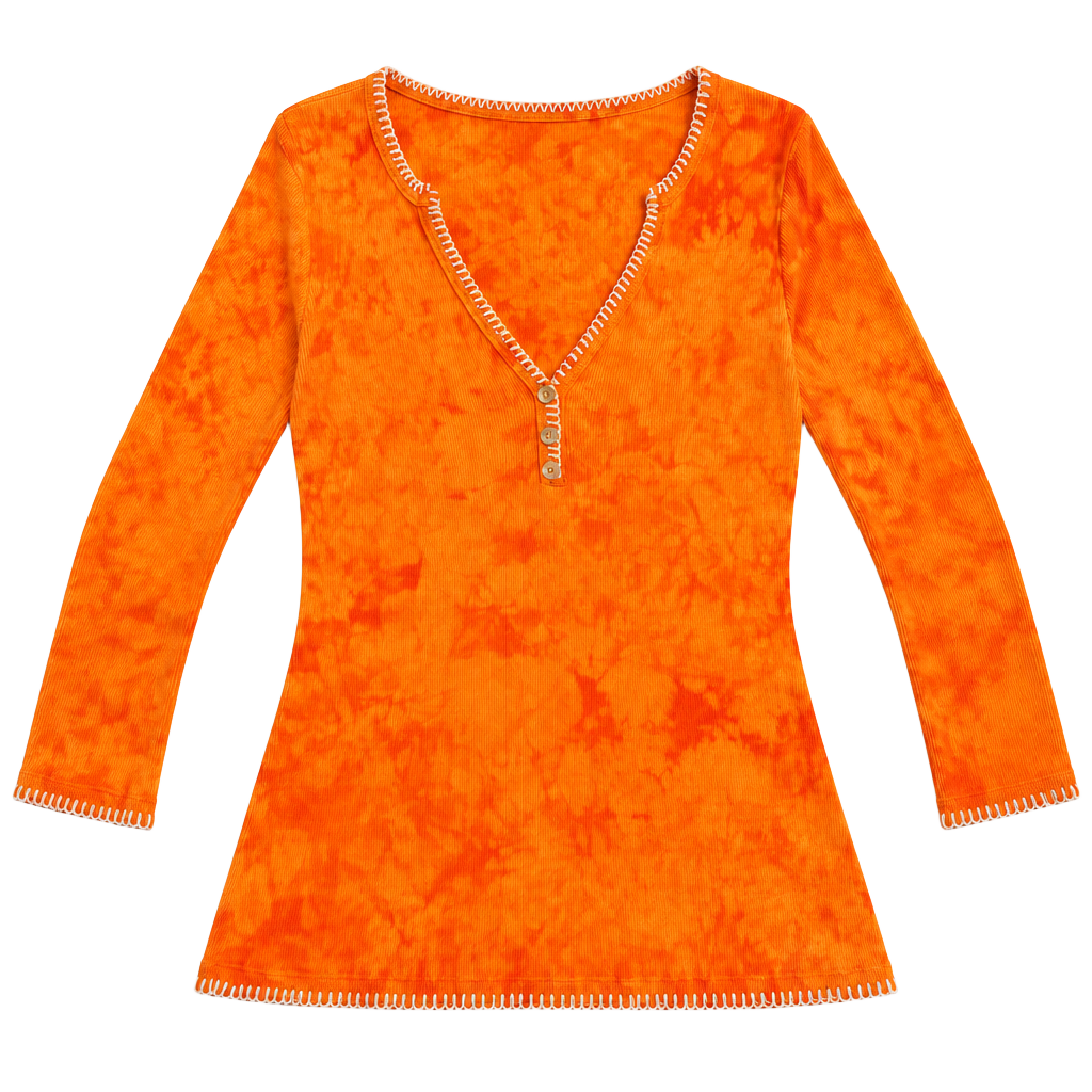 Me & Ro Size L Orange Tie Dye Ribbed Henley Top White Stitching 1