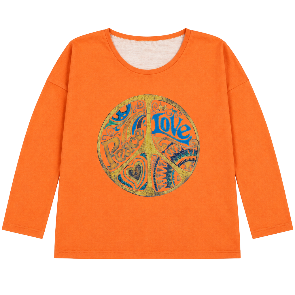 Exclusive Long Sleeve Shirt Size XXL Orange Peace Love Graphic Top NWOT 1