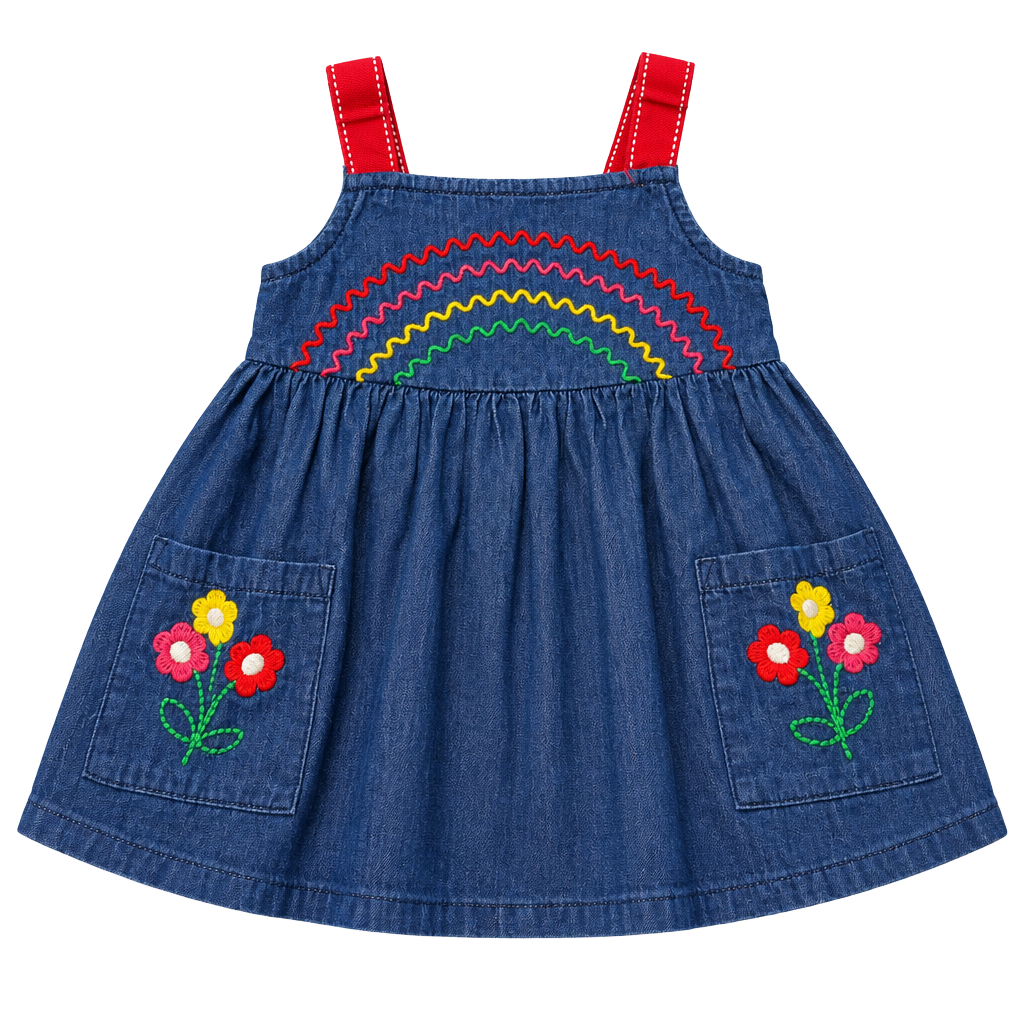 Kids Headquarters Denim Rainbow Dress Size 24M Embroidered Flowers 1