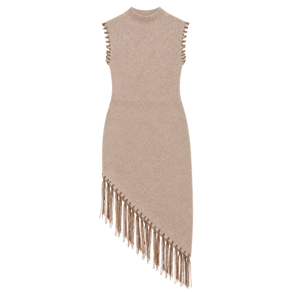Saylor Senna Sweater Dress Size S Taupe Fringe Mock Neck Size Small 1