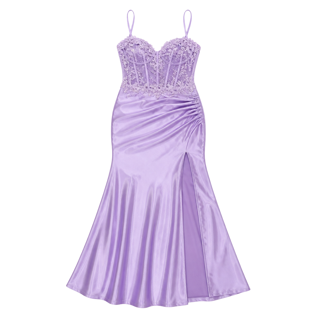 Satin Slit Lace-Up Formal Dress Deep V-Neck and Shimmering Lace Size Medium 1