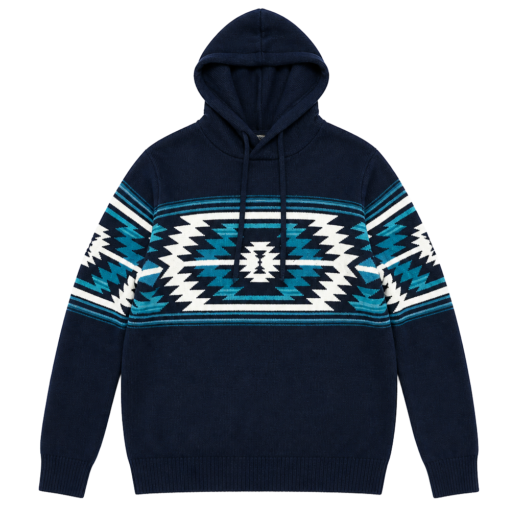 American Eagle Aztec Baja Hoodie Sweater Size M Blue Pullover 1