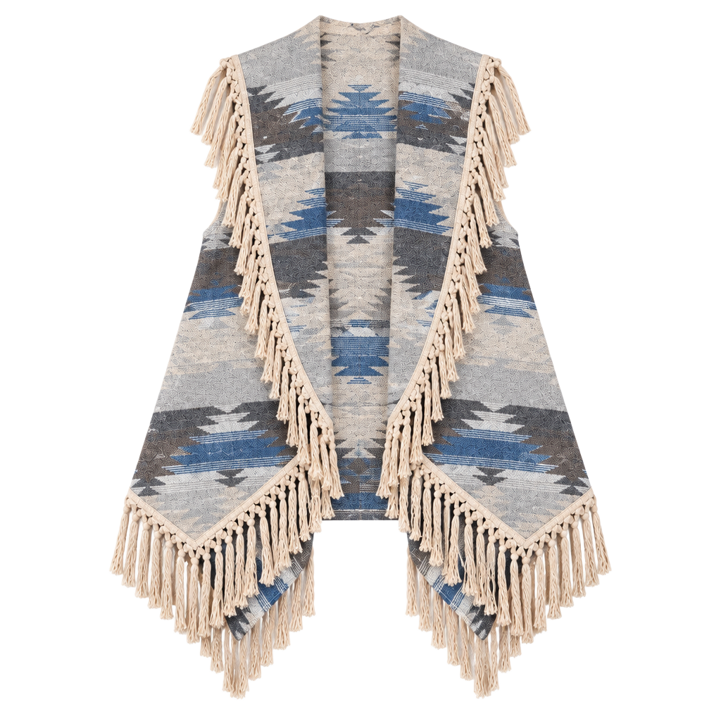 Women’s Entro wool blend Aztec Fringe Open Front Vest Size S 1