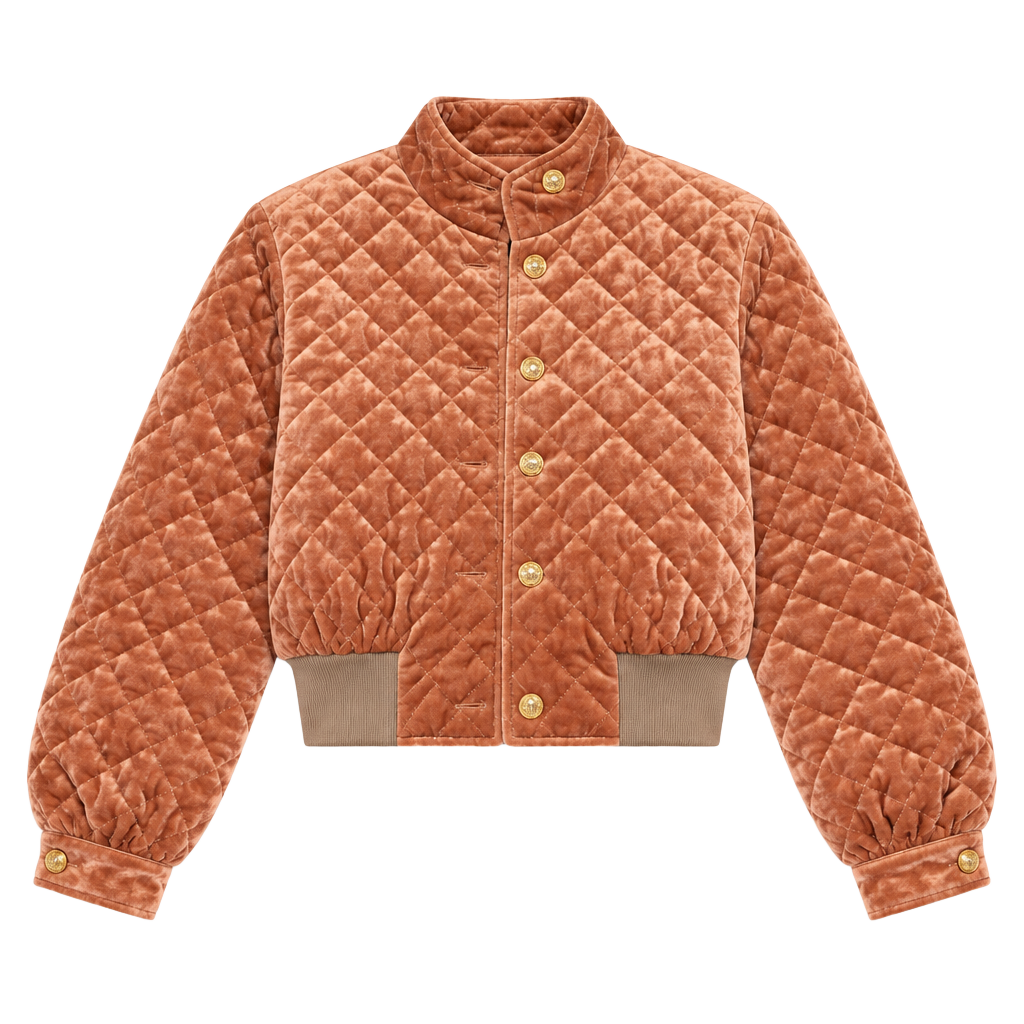 Women’s Italano Quilted Velvet Bomber Jacket Size M Camel Gold Buttons 1