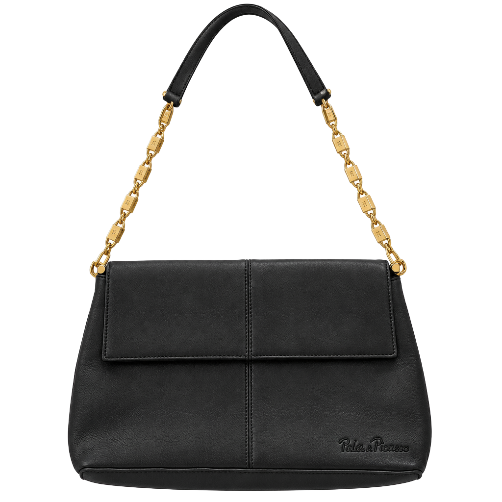 Paloma Picasso Leather Chain Link Shoulder Bag Black 1