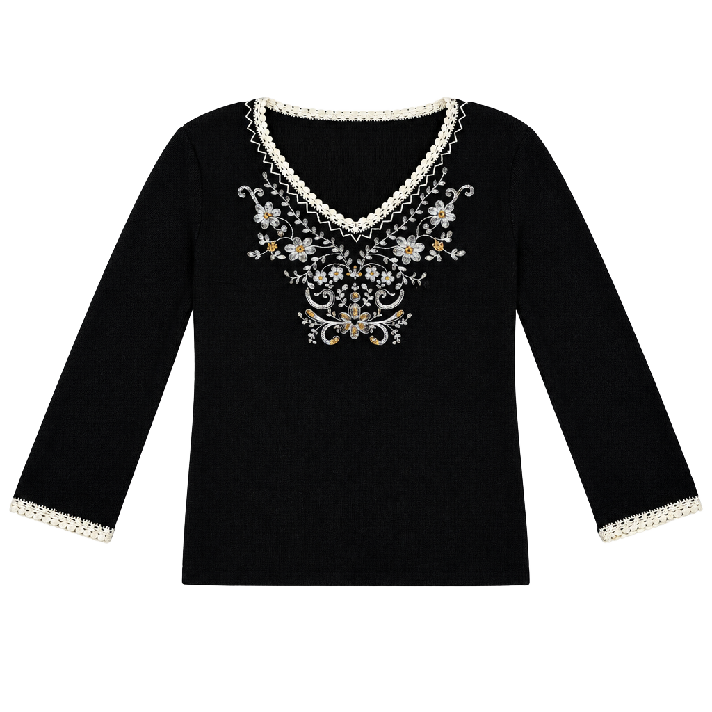 Pink Poodle Embroidered Sweater Size M Black Crochet Trim 1