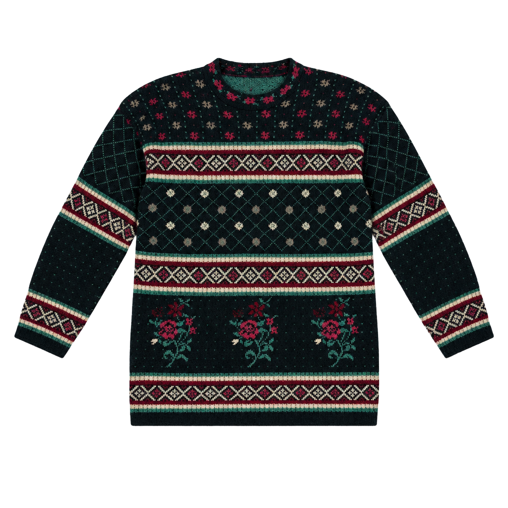 Vintage Basic Editions Sweater Size Small Black Floral Fair Isle Acrylic 1
