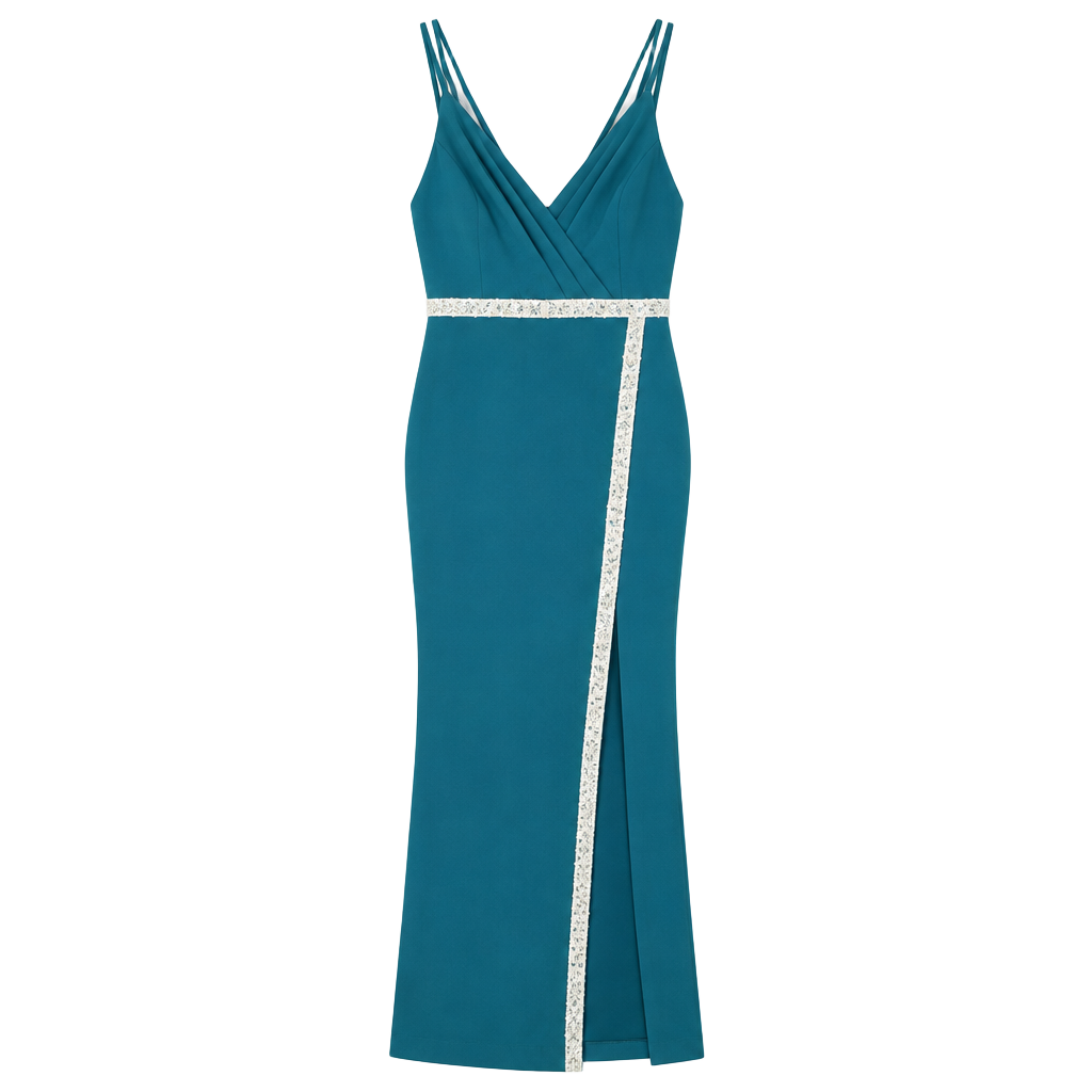 NWT Nightway Evening Dress Size 12 Teal Blue Rhinestone Slit Maxi Gown 1