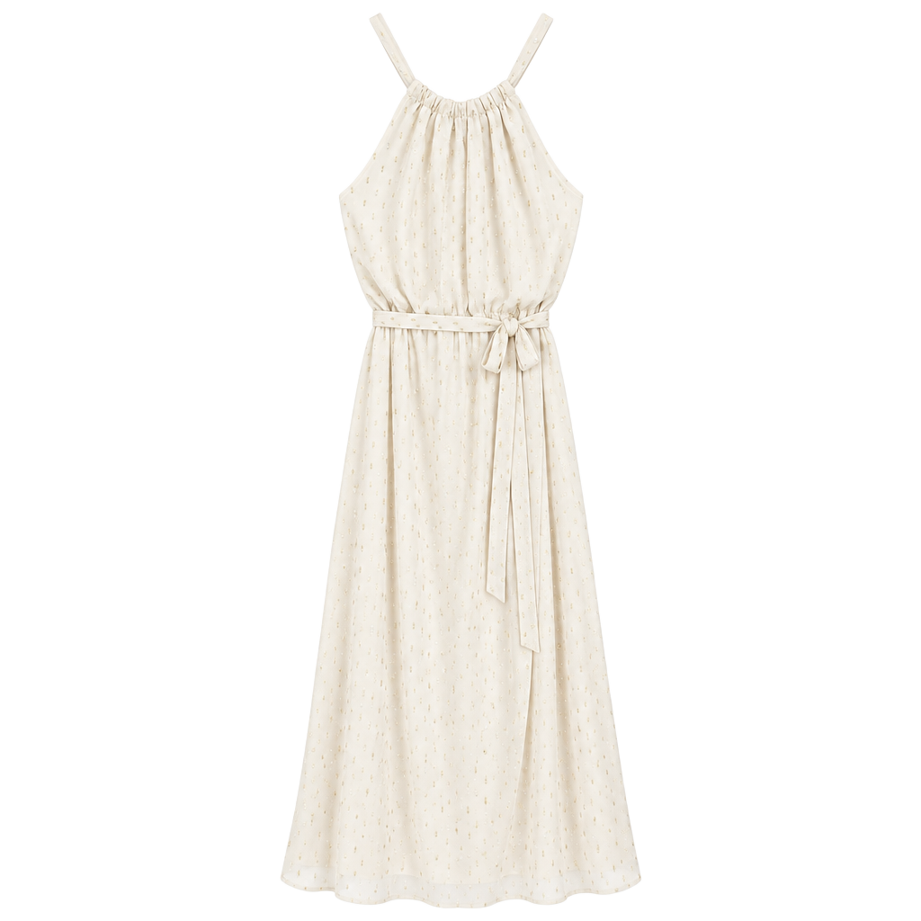 ModCloth Illuminated Elegance Chiffon Maxi Dress Size L Ivory Metallic 1