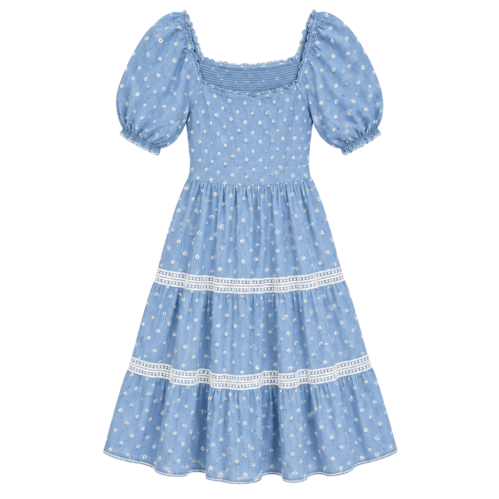 Old Navy Smocked Square Neck Midi Dress Size S Blue Floral Tiered 1