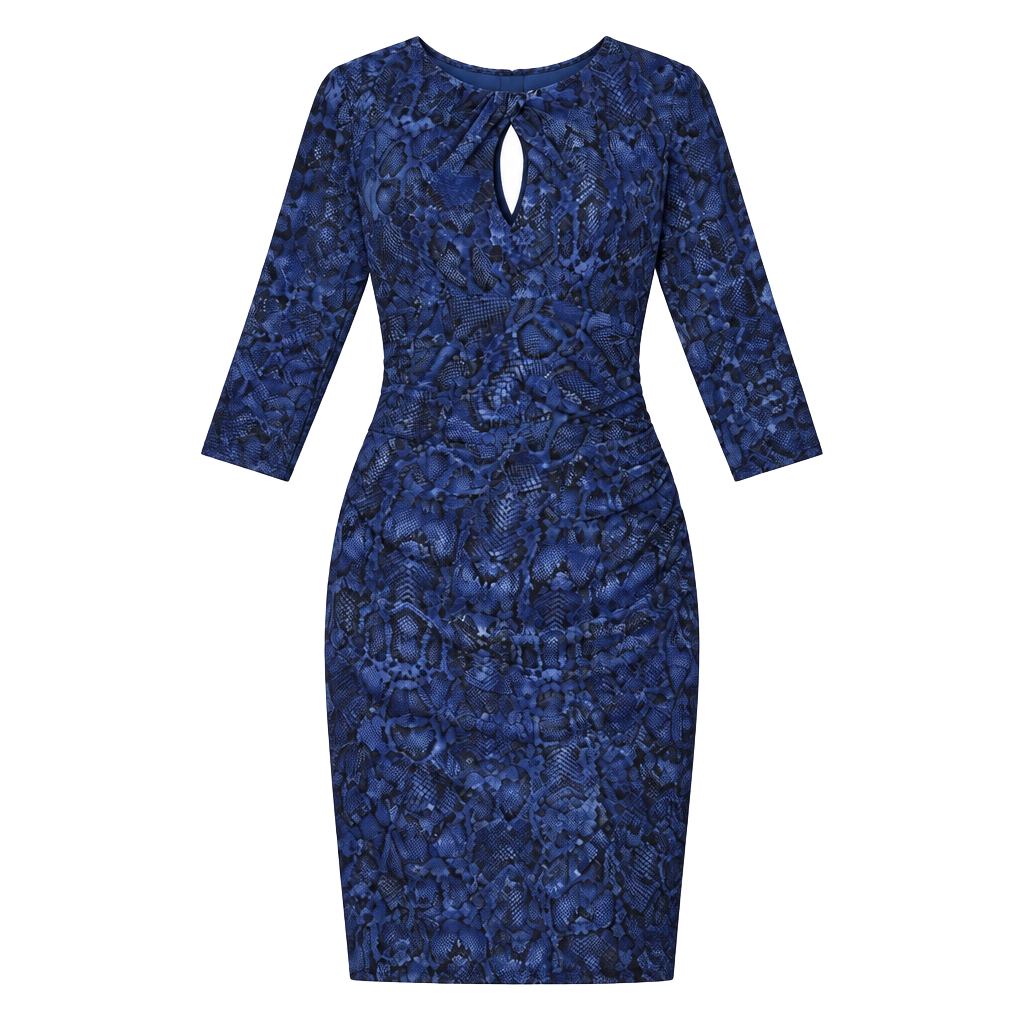 Cache Sheath Dress Size S Blue Black Animal Print Keyhole Ruched 1