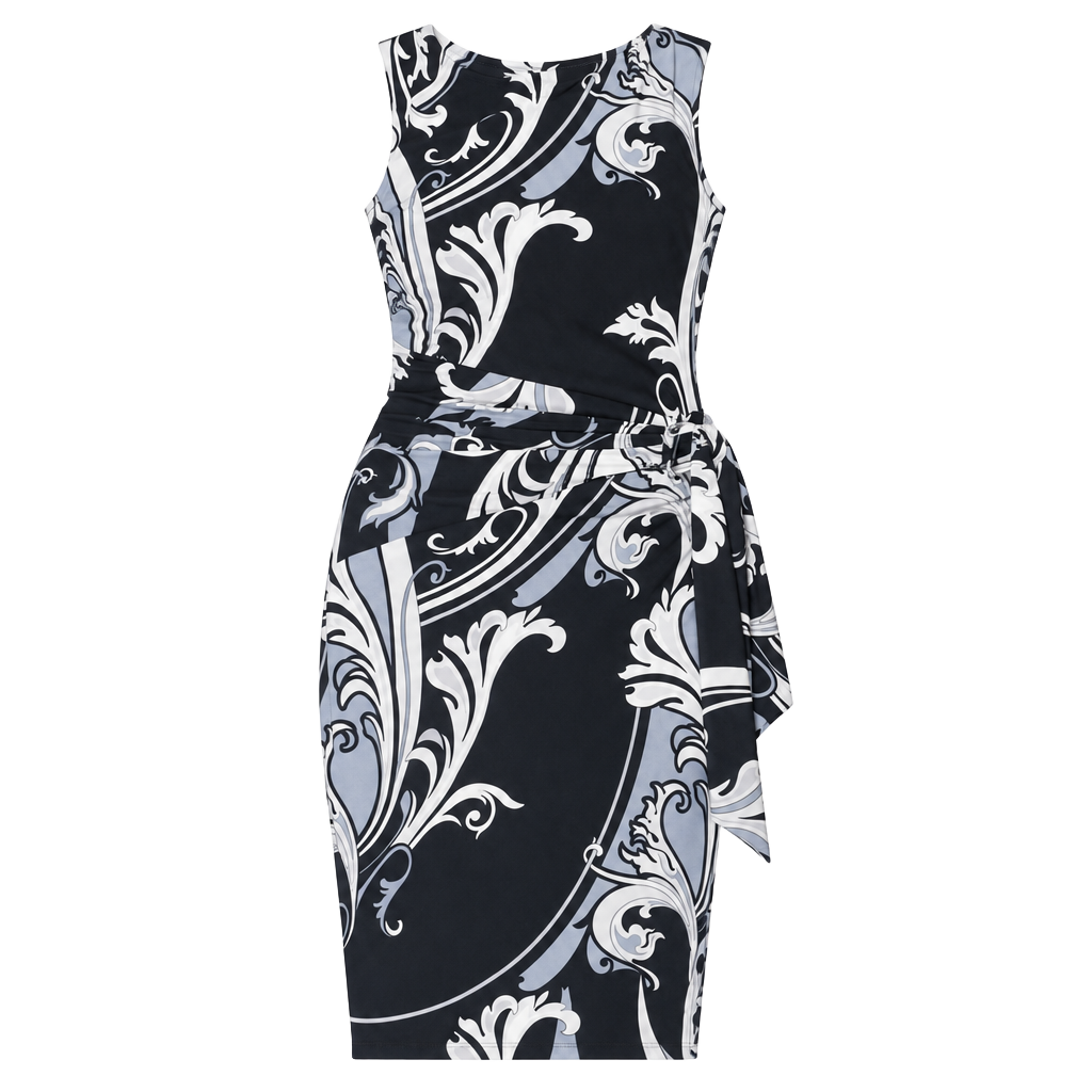 Cache Scroll Print Sheath Dress Size XS Black Blue Silver Side Tie Sleeveless 1