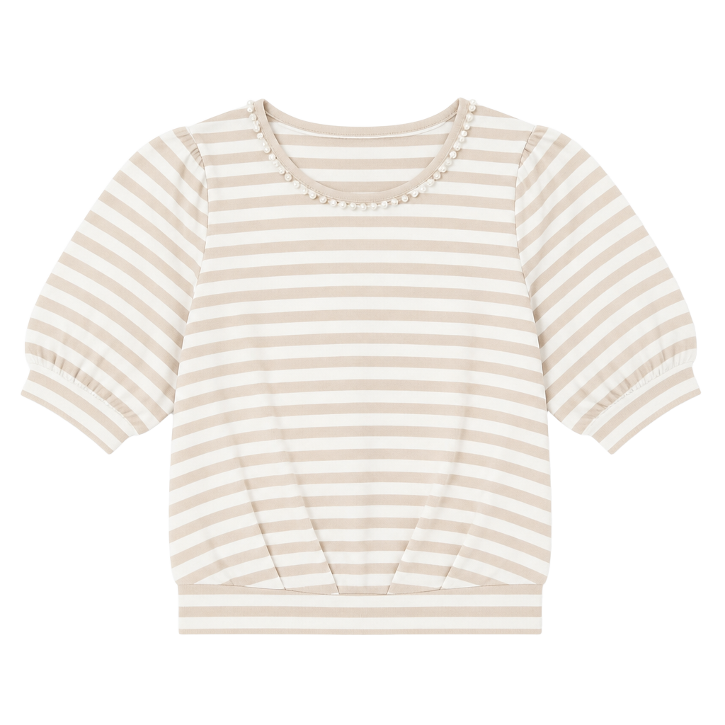 Cupio Blush Striped Puff Sleeve Pearl Trim Top Size L Beige Ivory 1
