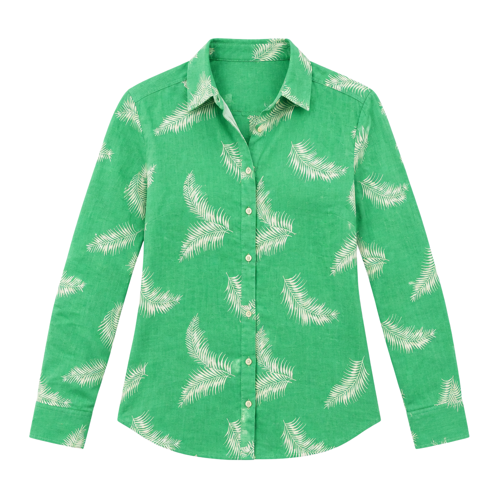 LOFT Palm Frond Button Down Shirt Size S Green White Long Sleeve 1
