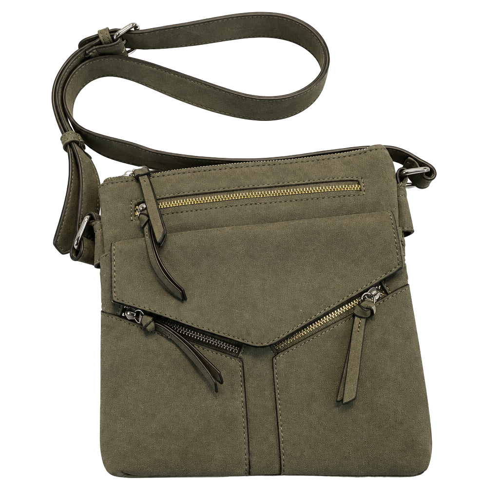 Crossbody Bag Olive Green Faux Suede Multi Pocket Adj. shoulder strap 1