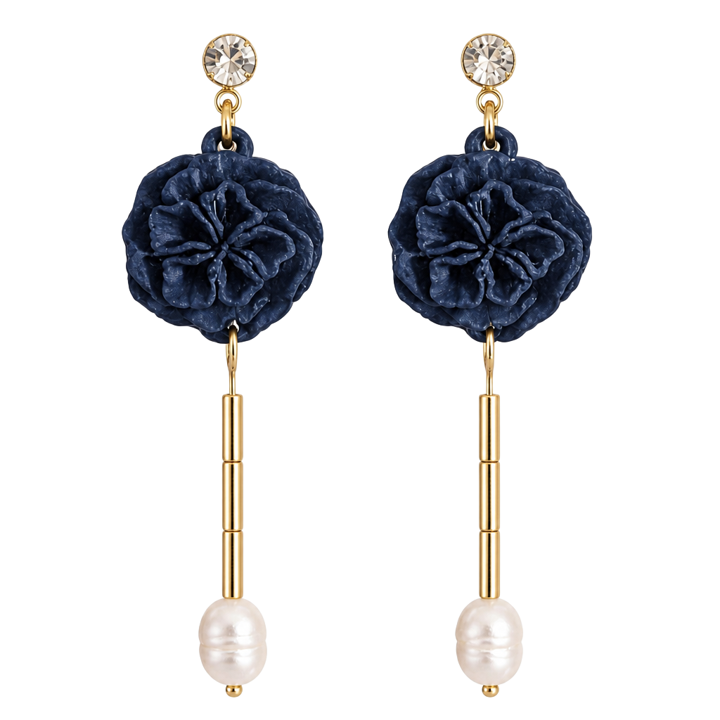 Midnight Pearl Blossom Blue Denim Camellia Flower earrings 1